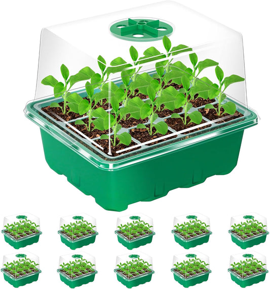 Bonviee 10 Packs Seed Starter Tray with Elevated Lid, 120 Cells Thicken Seed Starting Trays Kit with Adjustable Humidity Vent, Clear Cell Tray and Heightened Lids for Greenhouse & Gardens, Green