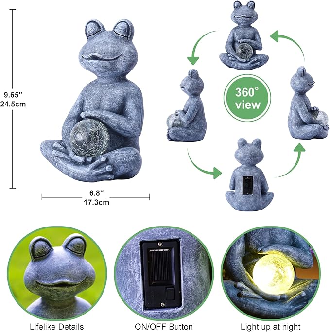 Meditating Yoga Frog Statue with Solar LED Light Ball - 10L x 11.1H Zen Garden Frog Figurines for Home and Garden Decor, Frog Decorations Gift Ideas, Frog Gifts for Women Mom