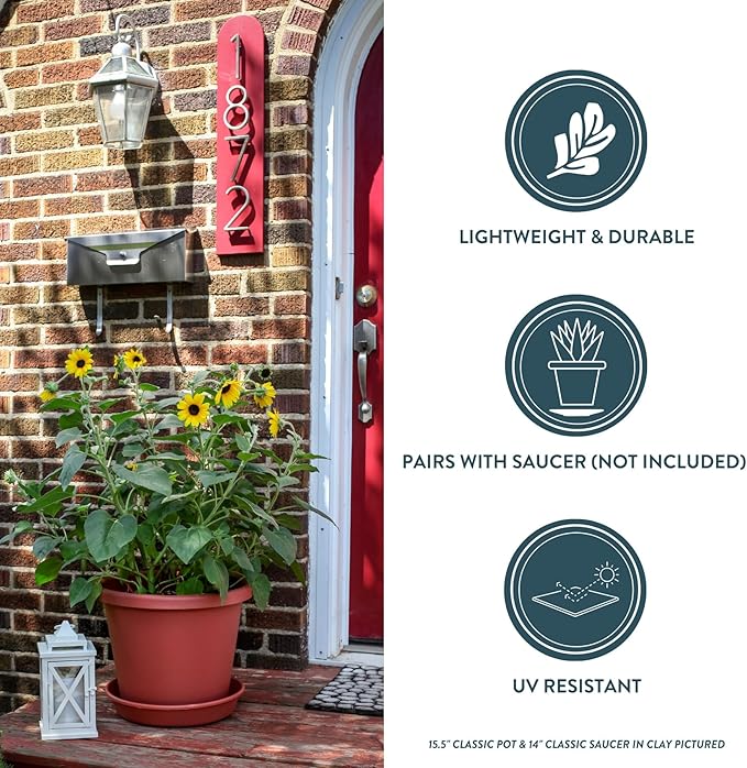 The HC Companies 14 Inch Round Classic Planter - Plastic Plant Pot for Indoor Outdoor Plants Flowers Herbs, Evergreen