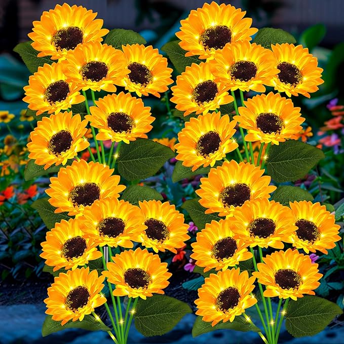 YJFWAL Solar Sunflower Lights 4 Pack with 24 Head Sunflower Outdoor Decorative Lights for Garden Gift for Mom and Friends, IP65 Waterproof Sunflower Garden Stake Lights for Yard Patio Lawn Pathway