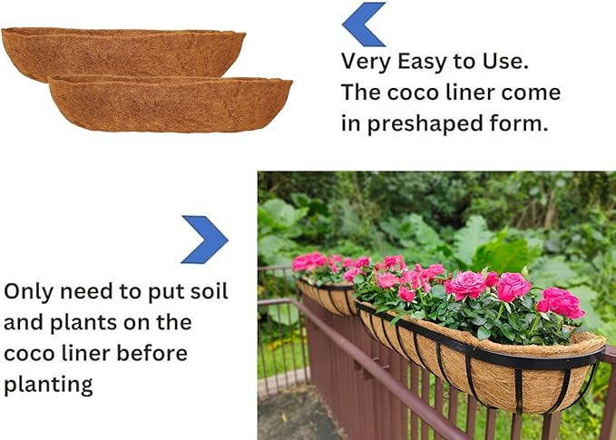 Maxona 30 inch 4 Pack Trough Rectangular Coco Liner for Window Box Planter: Thick Coconut Coir to Support The Soil Replacement for Wall Hanging Basket, Rectangle Pre-Formed Fiber Husk, Garden Fence