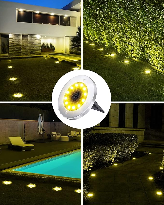 Biling Solar Outdoor Lights 12 Packs, Bright 12 LEDs Solar Ground Lights Waterproof, Flat Pathway Lights Solar Powered for Yard Walkway Garden Driveway (Warm White)