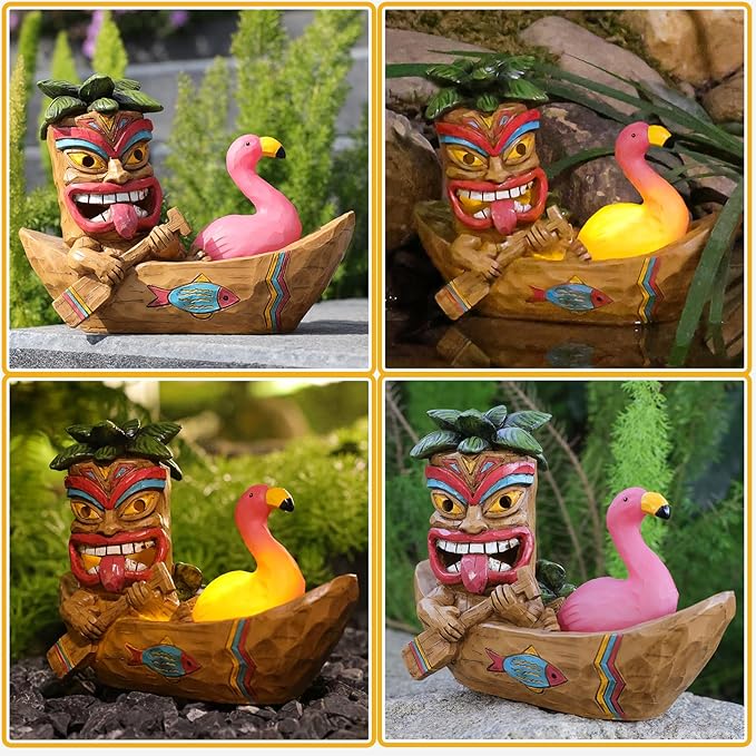 Solar Tiki Statue Outdoor Decor-Tiki Bar Decor -Outdoor Tiki Statue Decoration for Garden,Lawn,Balcony,Yard,Tiki Flamingos Boating Hawaiian Tropical Decor Figurine Gift
