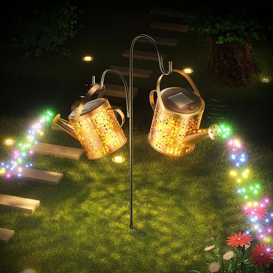 Solar Watering Can with Colorful Lighting, Waterproof Garden Decor, Birthday Gifts for Mom Grandma (Flower, 32 inch Shepherd Hook)