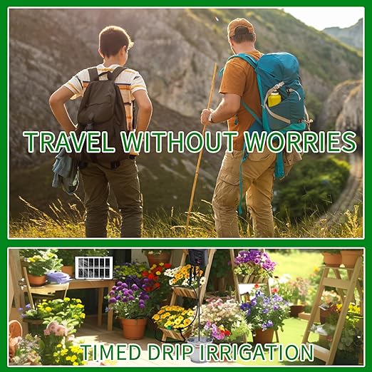 Solar Automatic Watering System Indoor Outdoor, 50Ft Plant Waterer for 15 Potted Plants, Automatic Drip Irrigation Kit with Watering Timer(12 Mode), Anti-Siphon, Solar Power & USB Rechargeable