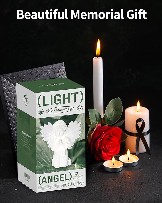 iStatue Solar Praying Cherub Angel Light with Fibre Optic Wings - 7.1'' Sympathy Remembrance Memorial Gift for Grave Ornaments Garden Decor (Kneeling Angel)