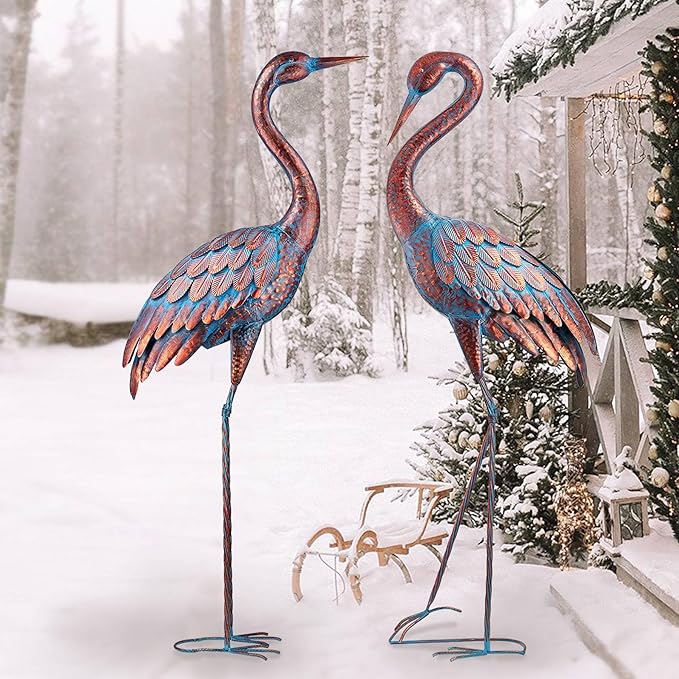 Kircust Garden Crane Statues Patina Heron Decoy, Standing Metal Crane Sculptures Bird Yard Art for Outdoor Decor, 47-48 Inch, Set of 2