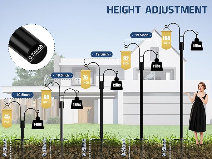 Ottsuls Bird Feeder Pole, 2 Pack 108 INCH Double Shepherds Hooks for Outdoor, Garden Pole with 5 Base Prongs Heavy Duty Planter Hooks for Hanging Plant Baskets, Lantern, Hummingbird Feeder