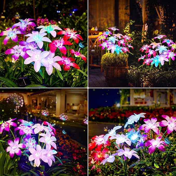 Solar Garden Lights Outdoor, 8 Pack Blooming Lily Solar Flowers Outdoor Waterproof, 7 Color Changing Bigger Flower Lights for Yard Patio Decor, Gift for Mom