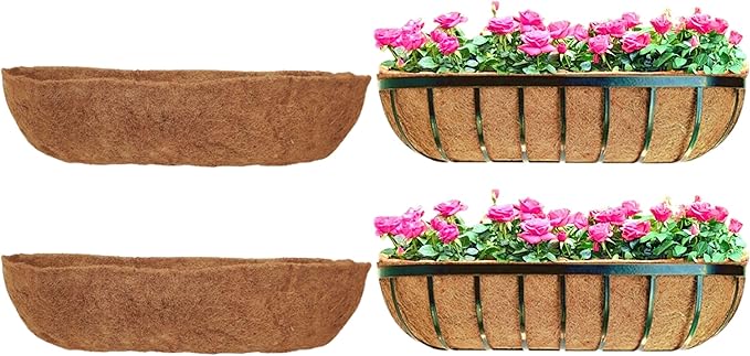 Maxona 36 inch 2 Pack Trough Rectangular Coco Liner for Window Box Planter: Thick Coconut Coir to Support The Soil Replacement for Wall Hanging Basket, Rectangle Pre-Formed Fiber Husk, Garden Fence