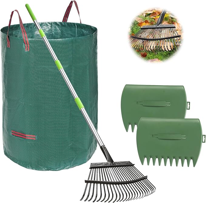 JOYHALO 65 Inch Rake for Leaves, 25 Tines Metal Leaf Rake Set with 32 Gallon Leaf Bags Leaf Scoops, Garden Rake 18in Wide, Rakes for Gardening Lawns Yard Outdoor Camping Shrub Grass Bush
