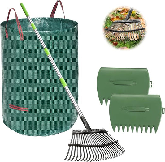 JOYHALO 65 Inch Rake for Leaves, 25 Tines Metal Leaf Rake Set with 32 Gallon Leaf Bags Leaf Scoops, Garden Rake 18in Wide, Rakes for Gardening Lawns Yard Outdoor Camping Shrub Grass Bush