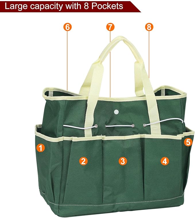 HARFINGTON Garden Tool Bag 14" x 6.7" x 12" Large Oxford Waterproof with Pockets Garden Tote Bag Gardening Plant Tool Organizer Storage Carrier Store for Outdoor Women Men, Dark Green
