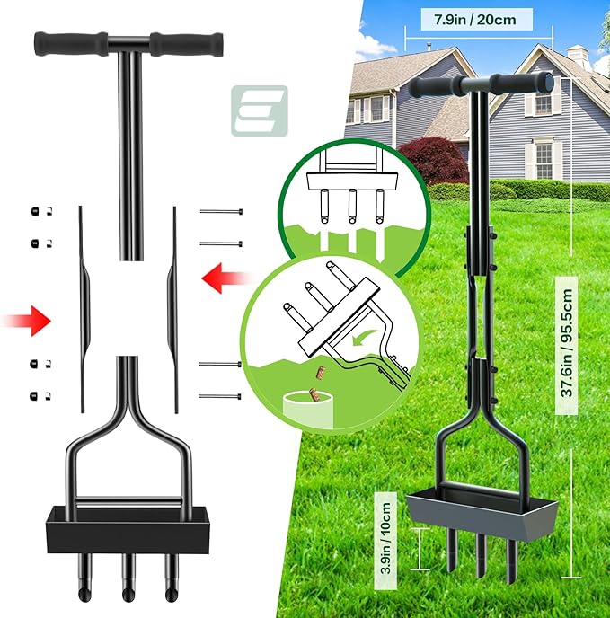 EEIEER Lawn Coring Aerator Tool, Upgarded Manual Lawn Aerators with Soil Storage Basket, 3 Core Tines Plug Aerator with Cleaning Tool, Yard Aeration Tool for Compacted Soil & Lawn Care