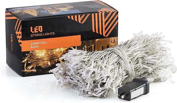 Quntis 328ft 500 LED Christmas String Lights, Waterproof Outdoor/Indoor Fairy Lights 8 Modes Plug in, Warm White Clear Wire for Home Bedroom Wedding Party Holiday Garden Tree Decorations Lighting
