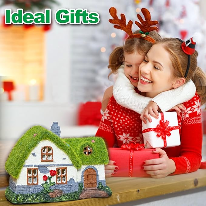 Solar Fairy House Garden Statue with Flocked Decor - Outdoor Garden Cottage Figurine with Lights, Figurine for Outdoor Patio Lawn Porch Garden Decorations