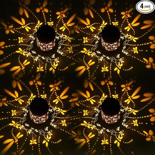 Mothers Day Gifts, 4 Packs Solar Lanterns Outdoor Hanging Lantern Lights, 4 Dragonfly Hollowed-Out Metal Decor Lantern, Waterproof LED Decorative Garden Light Gifts