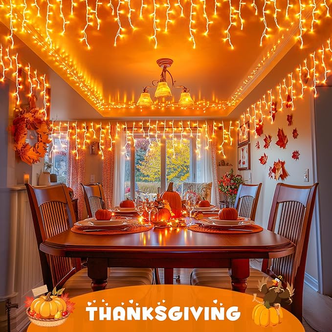 JMEXSUSS Orange Lights for Thanksgiving, 400 LED Orange Icicle Lights Outdoor, 8 Modes Orange Lights with 80 Drops Thanksgiving String Lights Plug in for Fireplace Indoor House Roof Outdoor Holiday