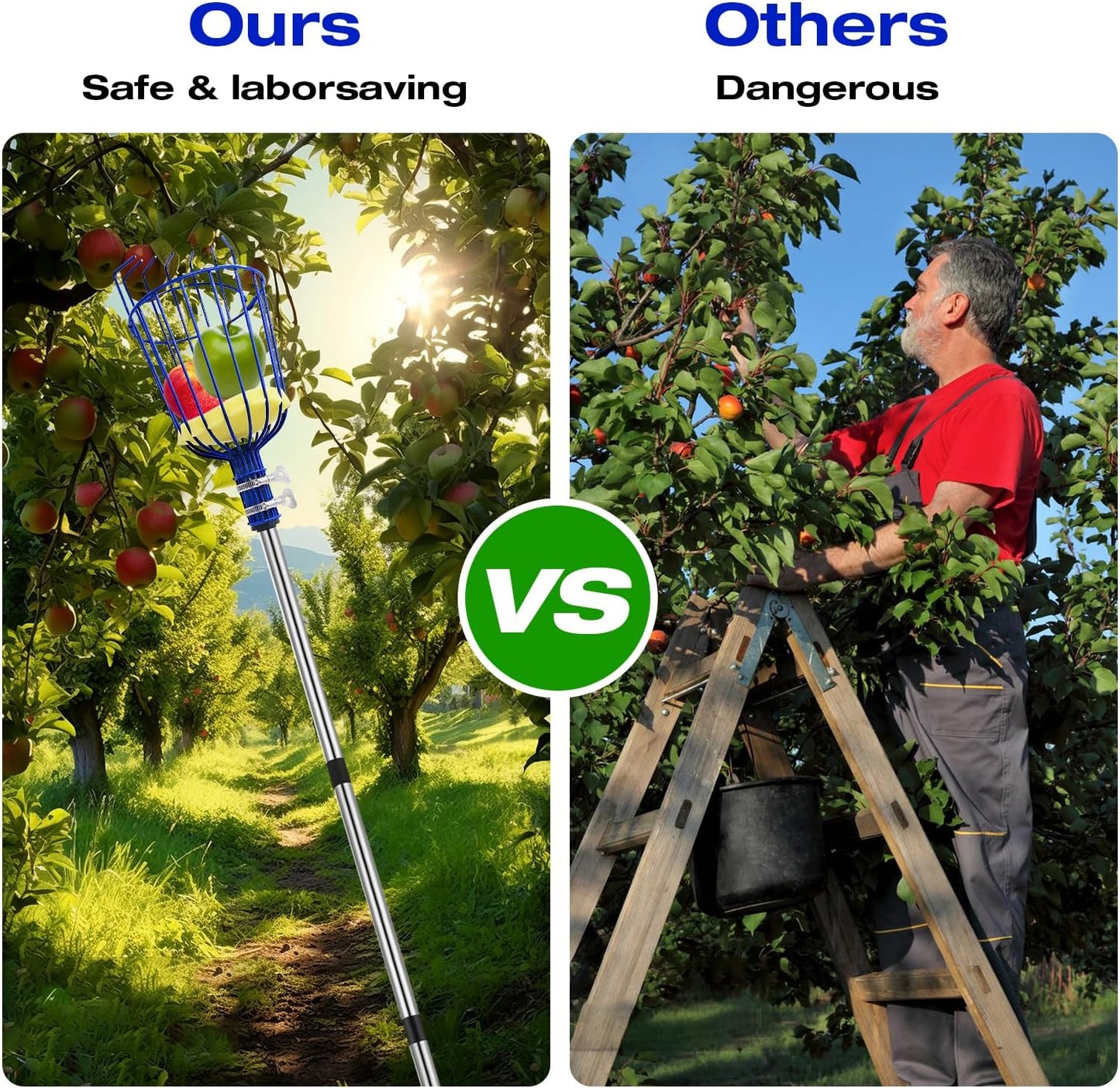 Steel Adjustable Splicing Fruit Picker Pole with Basket, 35-129 Inch Grabber Reacher Tool for Orange Lemon Apple Guava Mango Avocado Pear Tree Harvesting