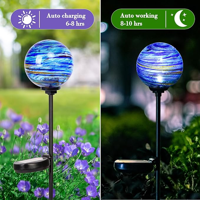 Solar Outdoor Decorative Lights Color Swirl Solar Garden Stake Glaze Glass LED Solar Garden Globe Lights Outdoor Decorative Lights for Pathway Yard Lawn Decoration 2 Pack Blue