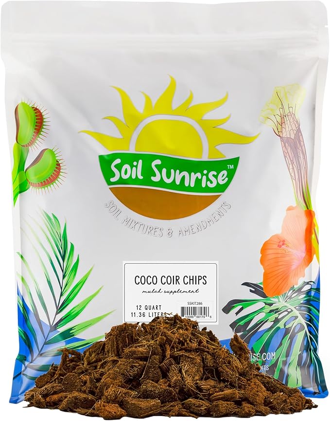 Loose Coco Coir Chips Mulch and Soil Amendment (12 Quarts); Premium Coconut Coir Substrate for Plants and Container Gardening