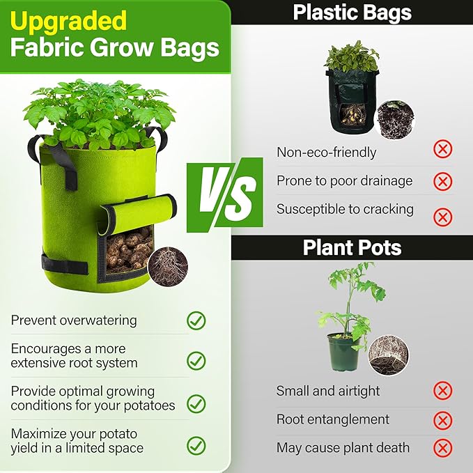Suntee 6 Pack 10 Gallon Potato Grow Bags with Flap, Thickened Nonwoven Fabric Grow Bags for Growing Potatoes, Colorful Plant Grow Bags Pots Gardening Vegetable Potato Growing Bags with Durable Handles