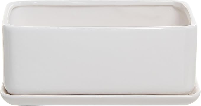 MyGift 14 Inch Modern Unglazed White Ceramic Indoor Plant Pot with Drainage Hole, Rectangular Succulent Planter Window Box with Removable Saucer, White (10 inch, 2, Pieces)