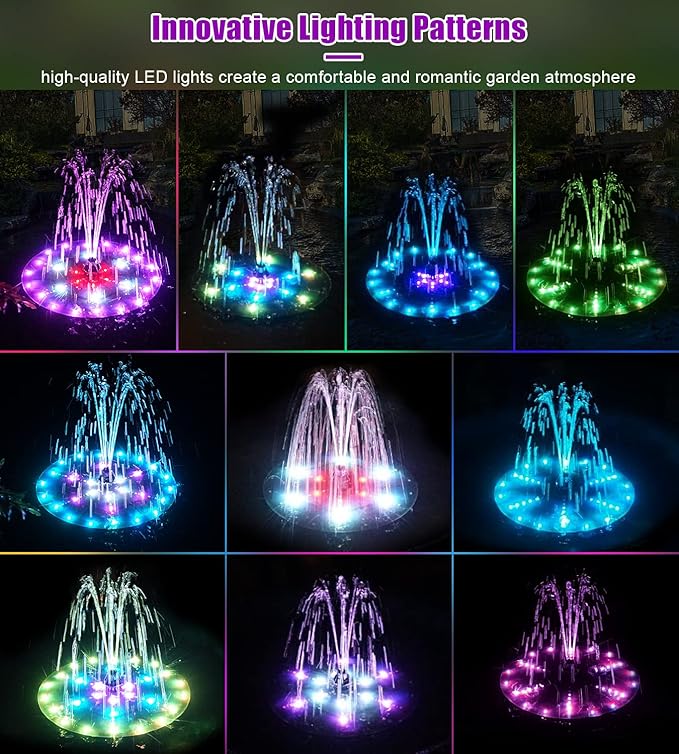 SZMP Solar Fountain 4W Bird Bath Fountains Upgraded 60 LED Lights, Solar Powered Fountain Pump Built-in 4000 Battery with 7 Nozzle & 4 Fixer, Solar Water Fountain for Garden, Bird Bath, Pool, Pond