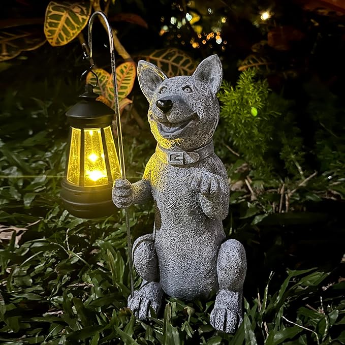 lightsfever Dog Statue with Solar Lantern, Outdoor Statues for Home Garden Balcony Decor, Solar-Powered LED Lights for Outdoor Patio Yard Lawn Decorations, Unique Gifts for Men, Moms, Grandma