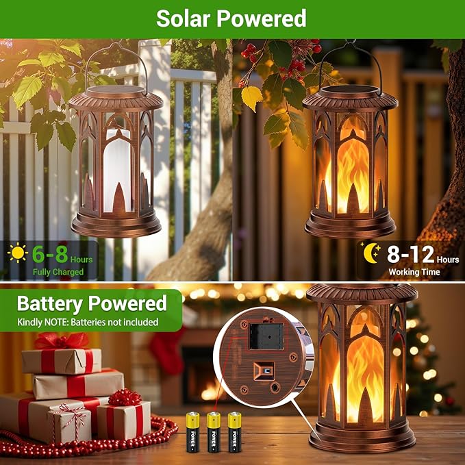 KOOPER Taller Solar Lanterns Outdoor Waterproof Hanging Solar Lantern Lights, 2Pack Upgraded Flickering Flame Lanterns Decorative Outdoor, Battery & Solar Powered lantern for Garden Yard Decor, Bronze