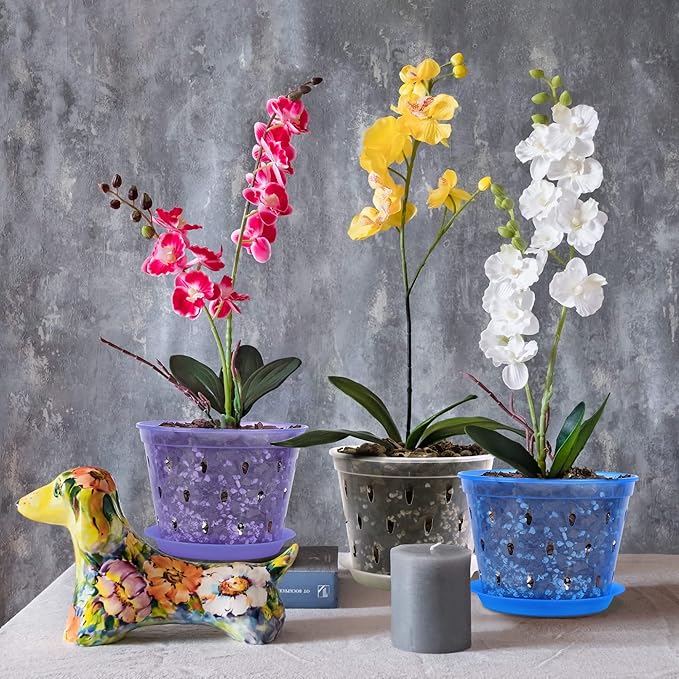 Orchid Pot, 6.7 Inch 8 Pack Orchid Pots with Holes and Saucers,Plastic Orchid Planter - Blue Sapphire