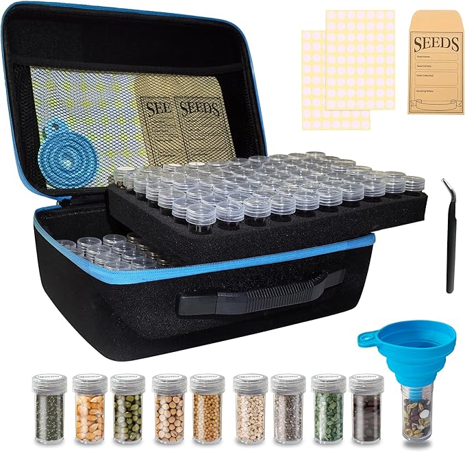 140 Slots Seed Storage Organizer Box with 20 Seed Envelopes, Large Capacity Seed Storage Container with Zipper Bag, Label Stickers, Tweezers, Funnel, Garden Seeds Saver Kit for Vegetable, Flower