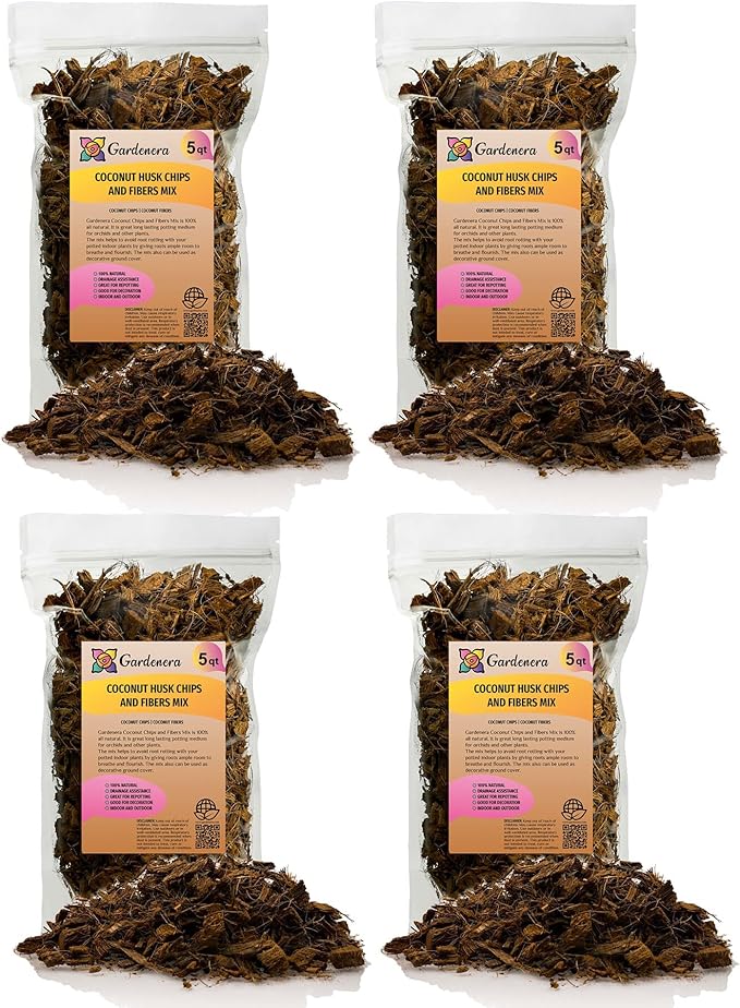 Premium Coconut Husk Chips and Fibers Mix for Orchids - 20 Quart - Houseplant, Monstera and Fiddle Leaf Fig by GARDENERA (4 Bags of 5 Quart)