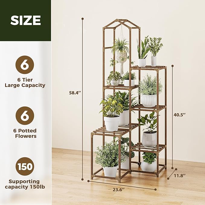 Bamworld Corner Plant Stand Indoor Tall Plant Shelf Outdoor Wood Plant Table for Multiple Plants Hanging Plant Rack for Window Garden Balcony Living Room