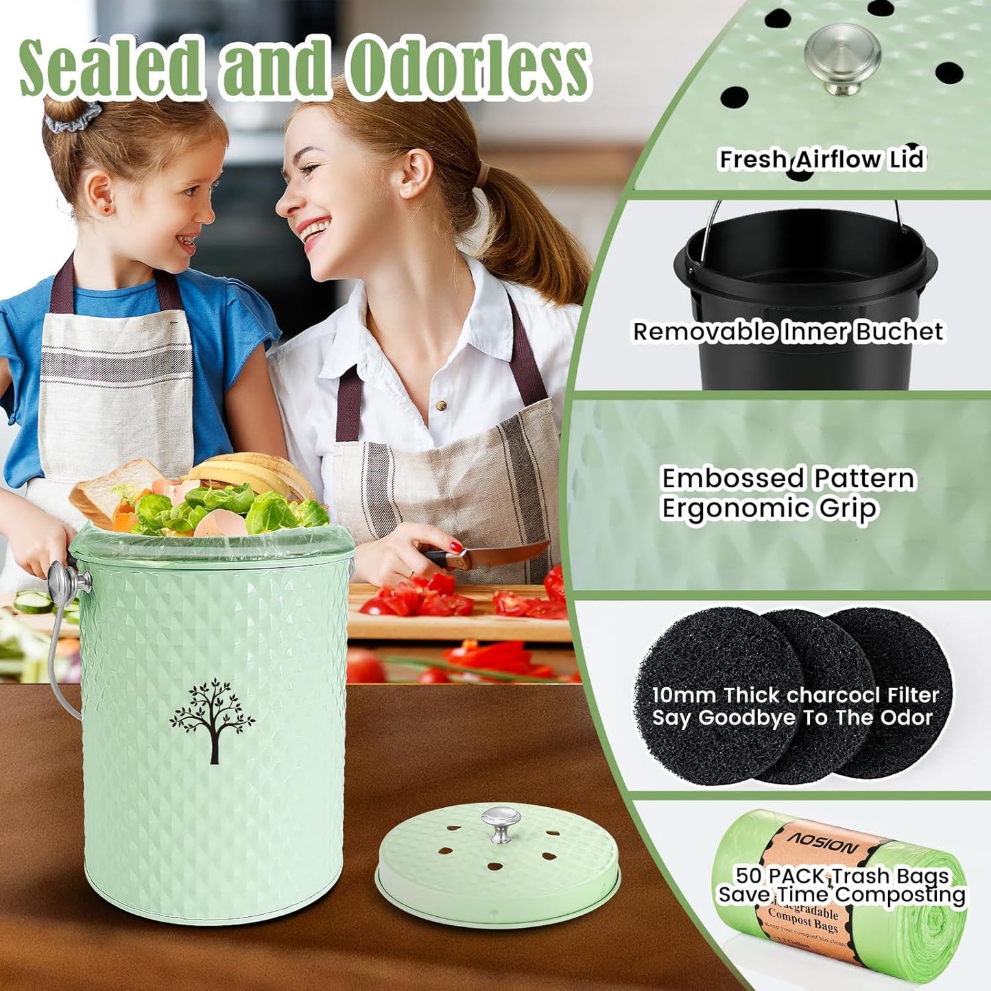 AOSION Countertop Compost Bin Kitchen，Odorless Indoor Compost Bin with Lid and Compost Bags,Compost Bucket Composter Container for Food Waste,Green