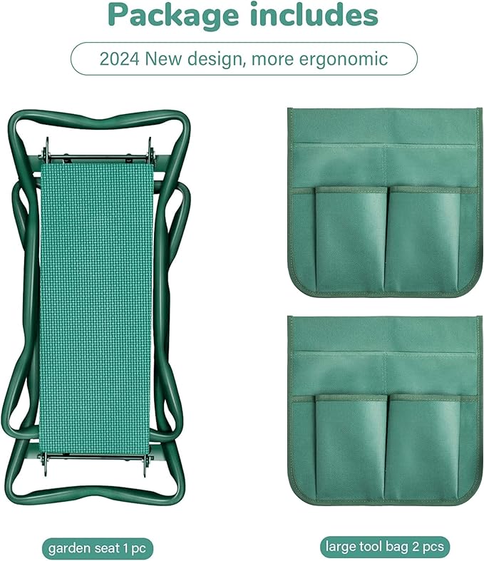 iPower 2024 Upgraded Garden Kneeler and Seat, with Sturdy Soft EVA Foam Pad, 2 Tool Pouch, Hold 330lb, Portable Foldable Kneeling Bench, for Gardening, Fishing, Camping, Green