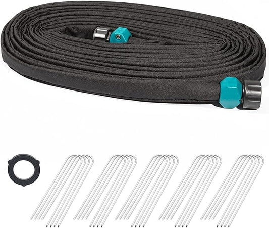 LINEX Flat Soaker Hose 1/2" x 75 ft with Stake for Garden Beds Drip Hoses Irrigation Sprinkler Heavy Duty Save Water 80%