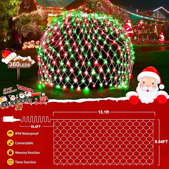 KNONEW Christmas Net Lights 360 LEDs 13ft x 9.8ft Outdoor Mesh Lights Connectable Waterproof 8 Modes & Timer Plug-in Net Fairy Lights for Bushes Garden Party Wedding Holiday,Red and Green