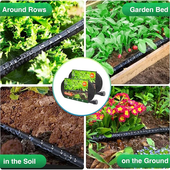 Lefree Soaker Hose 50 FT for Garden Irrigation, Soaker Hose for Lawn and Flower Beds, 2024 Upgraded Flat Soaker Hose Saves 80% Water, Flexible Durable Drip Hose for Trees, Shrubs.(25FT*2Pack)
