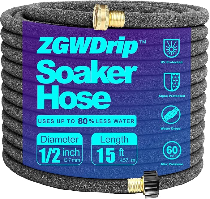 Soaker Hose 15 FT,1/2 Inch Soaker Garden Hose with 3/4" Solid Brass Connectors