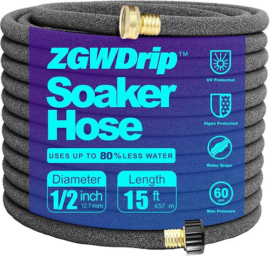 Soaker Hose 15 FT,1/2 Inch Soaker Garden Hose with 3/4" Solid Brass Connectors