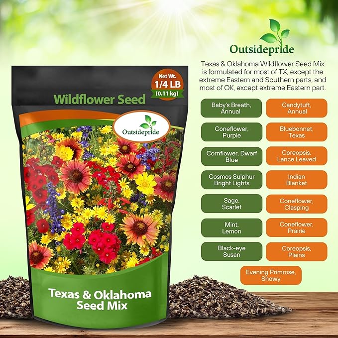 Outsidepride Texas & Oklahoma Wildflower Seed Mix - 1/4 lb Drought-Tolerant, Blend of Annual & Perennial Flower Seeds for Vibrant, Pollinator-Friendly Gardens, Thrives in Full Sun & Well-Drained Soil
