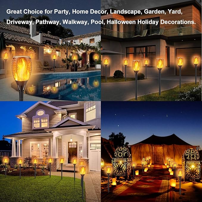 Solar Torch Lights with Flickering Flame, Fire Effect Garden Light, Auto On/Off Dust to Dawn, Outdoor Waterproof Landscape Decoration, Solar Powered Security Torch Light for Patio, 4 Pack