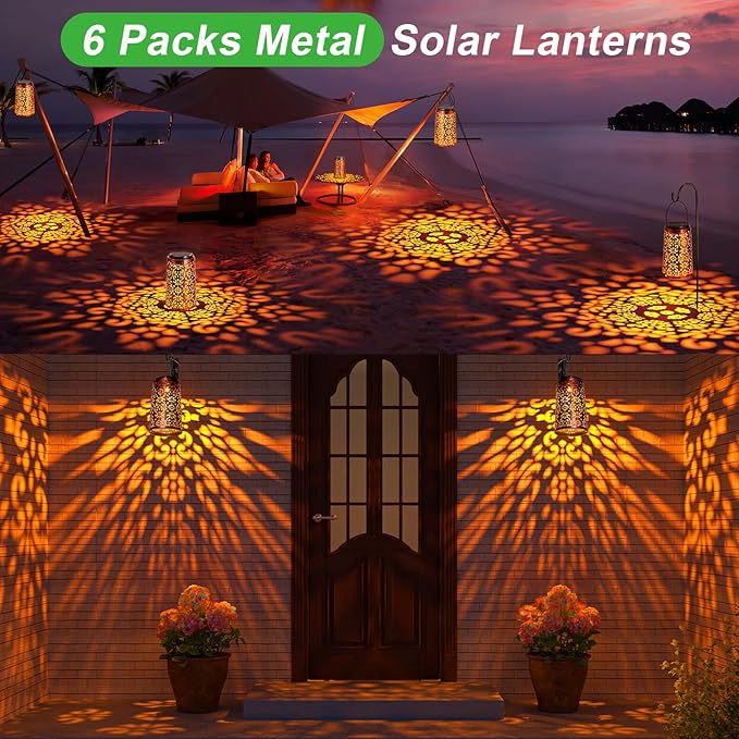 Outdoor Solar Lanterns - Hanging Solar Lights Halloween Lights Metal Lantern Decorative for Patio Garden Yard Backyard Table Tree Outside Lighting Cool/ Warm Light (6 Pack