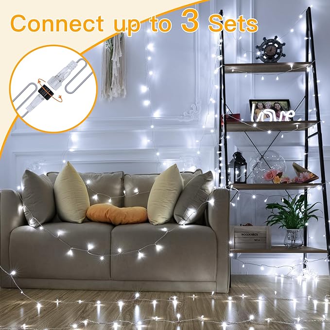 Ollny Outdoor String Lights 200LED 60FT, Cool White Connectable Plug in Fairy Light, 8 Modes Waterproof Timer Christmas Lights for Indoor Outside Bedroom House Party Wedding