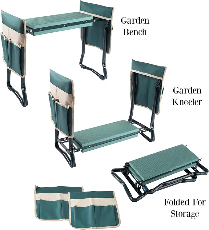 Garden Kneeler and Seat - Kneeling Pad Garden Stool with Tool Pouches - Gardening Gifts for Mom, Dad, Seniors, or Grandparents by Pure Garden (Green)