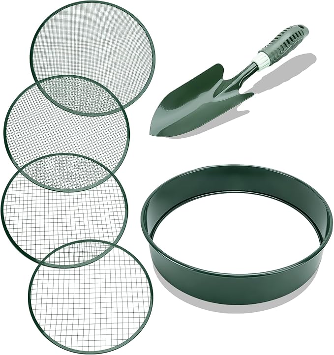 Soil Sifter - Garden Soil Sifter, Stainless Steel Riddle Sieve Set Garden Potting Sieve, with 5 Interchangeable Filter Mesh Sizes 3,6,9,12mm and Shovel, for Rocks, Dirt, Compost and Potting Soil