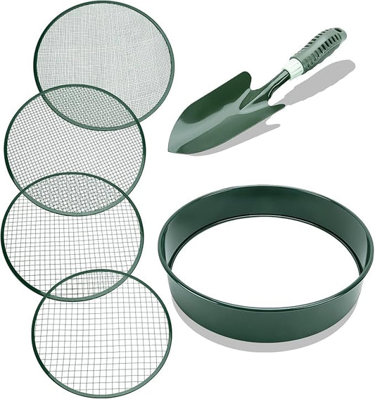 Soil Sifter - Garden Soil Sifter, Stainless Steel Riddle Sieve Set Garden Potting Sieve, with 5 Interchangeable Filter Mesh Sizes 3,6,9,12mm and Shovel, for Rocks, Dirt, Compost and Potting Soil