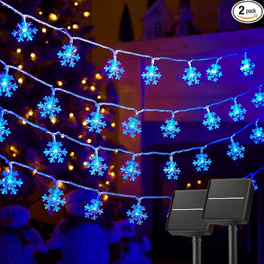 Solar Christmas Snowflake String Lights 2-Pack 100 LED 78FT Outdoor Waterproof Fairy Lights with 8 Lighting Modes for Wedding, Party, Tree, Room, Garden, Patio, Yard, Home(Blue)