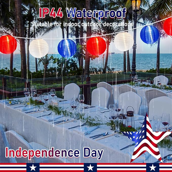 25FT Red White Blue Lantern String Lights Plug in, Large Lantern 4th of July Decor Lights with 10 G40 LED Bulbs, Chinese Hanging Outdoor Patio Lanterns for Independence Day Memorial Patriotic Party